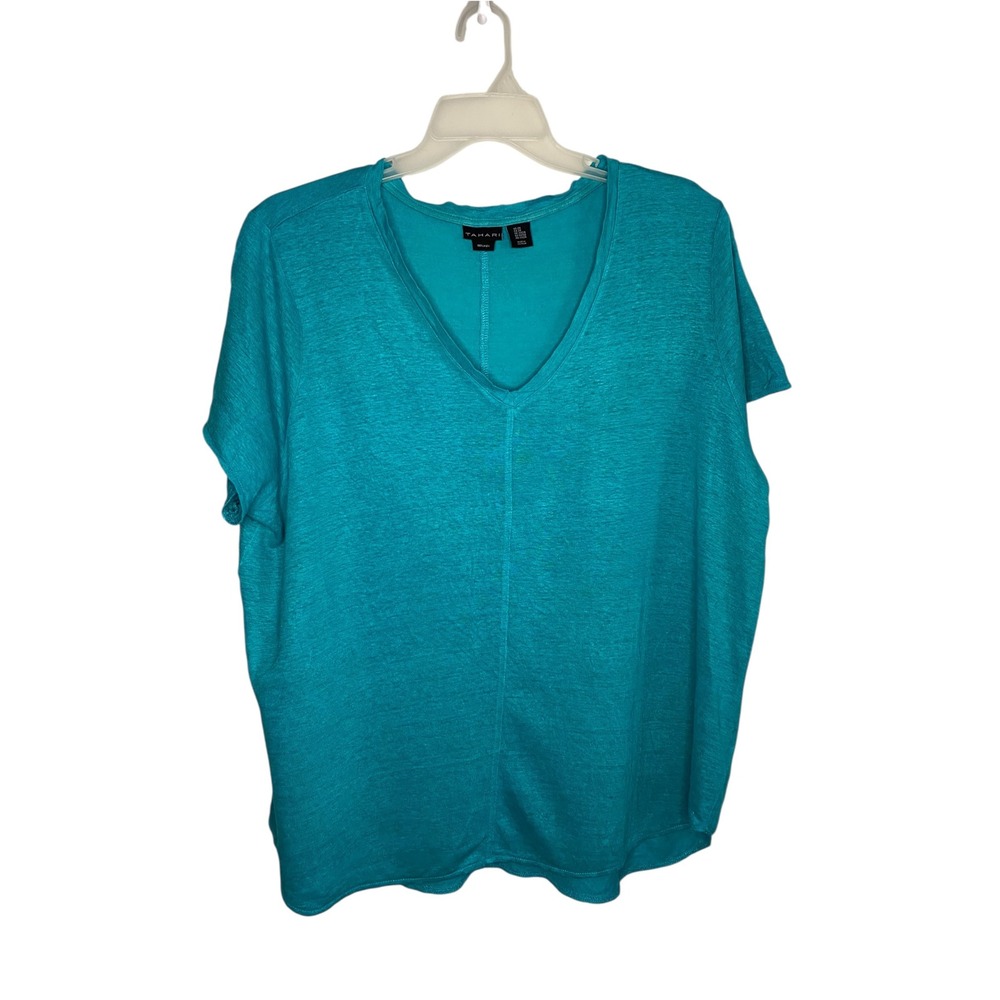 Tahari Womens Plus 2X Linen V Neck T Shirt Teal Blue Short Sleeve Top